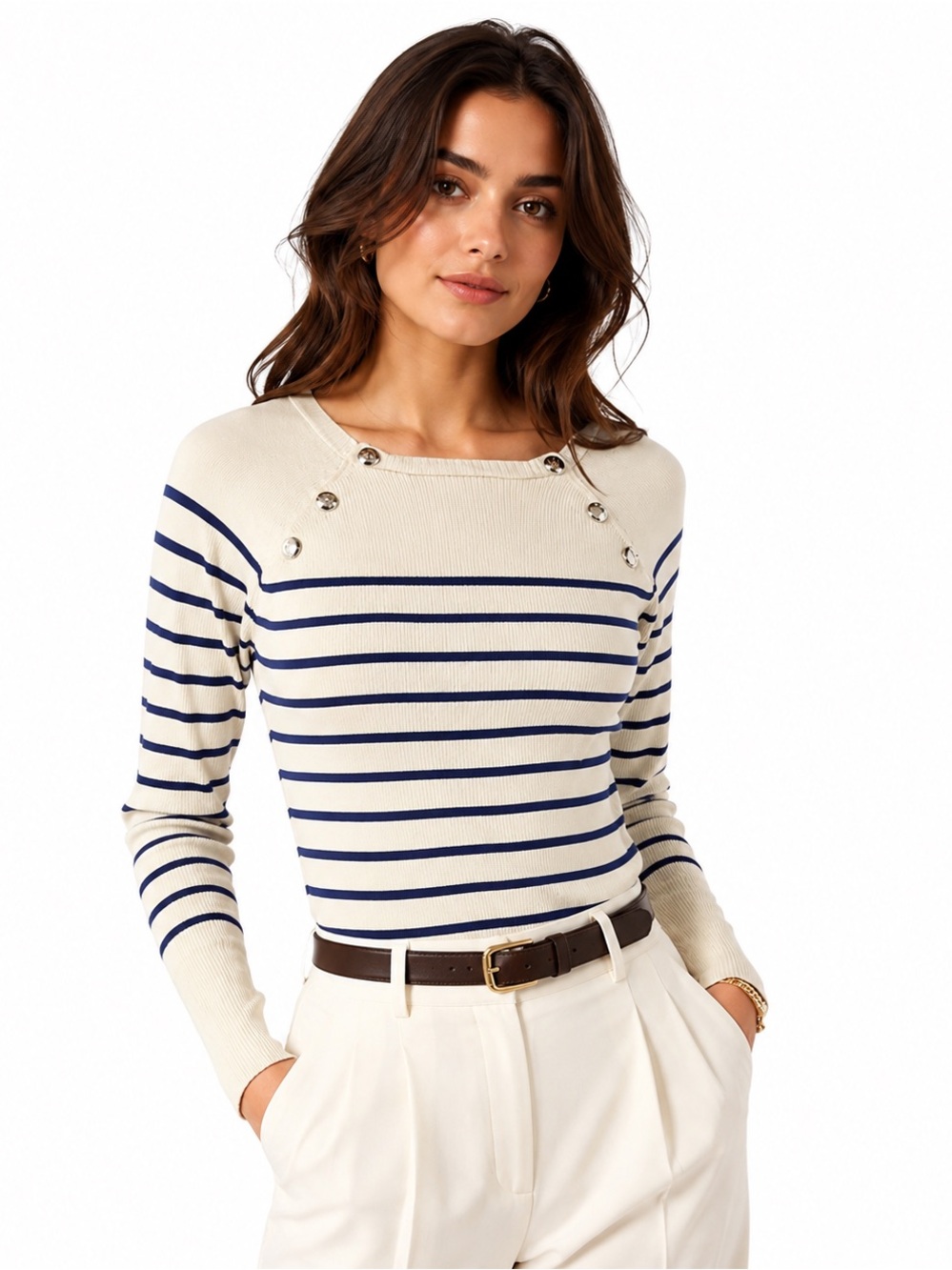 Ralph Lauren Sailor Navy Striped Ribbed‎ Sweater With Silver Button Front Detail